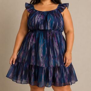 Old Navy Fit Flare Midi Dress Womens XXL Watrercolor Smocked Tiered